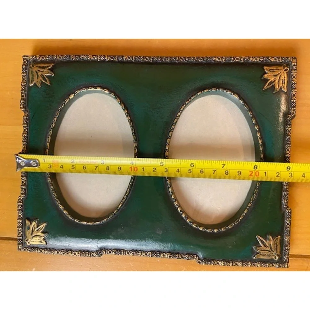 Vintage Green and Gold Double Oval Photo Frame Tabletop Easel Back 2 Opening